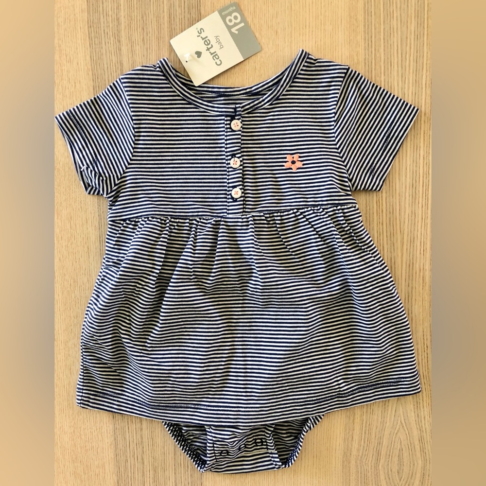 Carter's Blue and White Striped Baby dress Romper 18 months